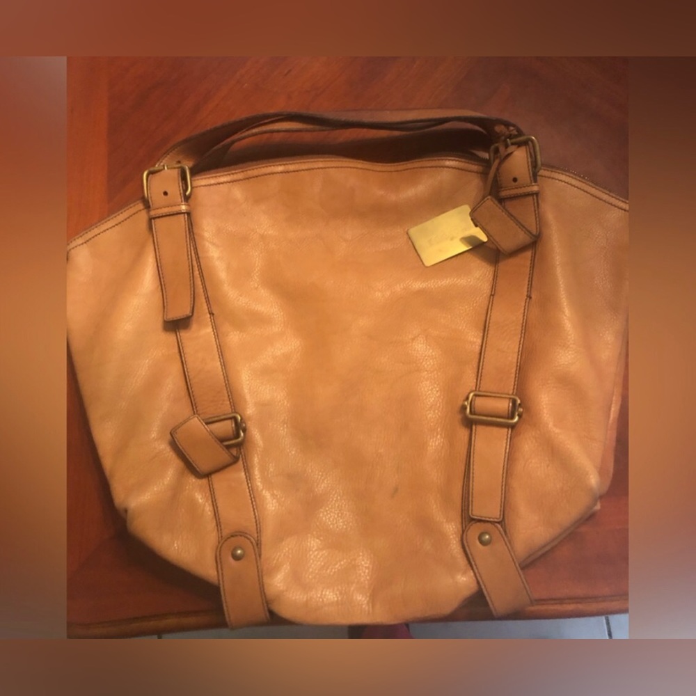 Prwnd ESCADA vintage tote leather bag w buckles tan color